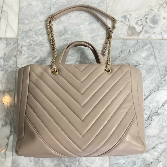 CHANEL Taupe CC Lambskin Chevron Quilted Leather Chain Statement Shopper Tote - Picture 13 of 15